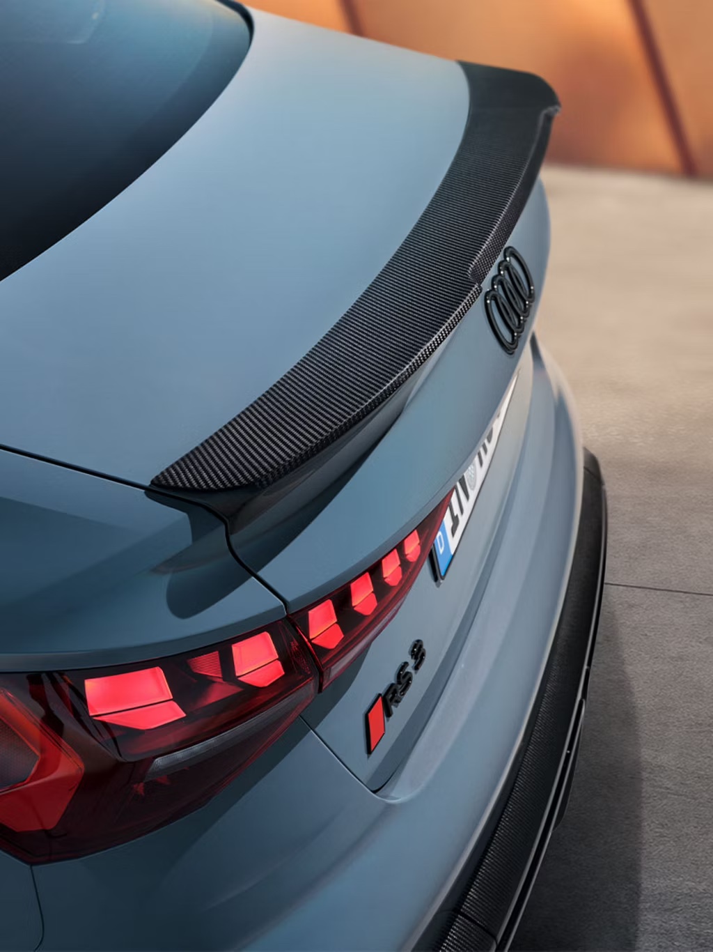Rear view of an Audi RS 3 Saloon.